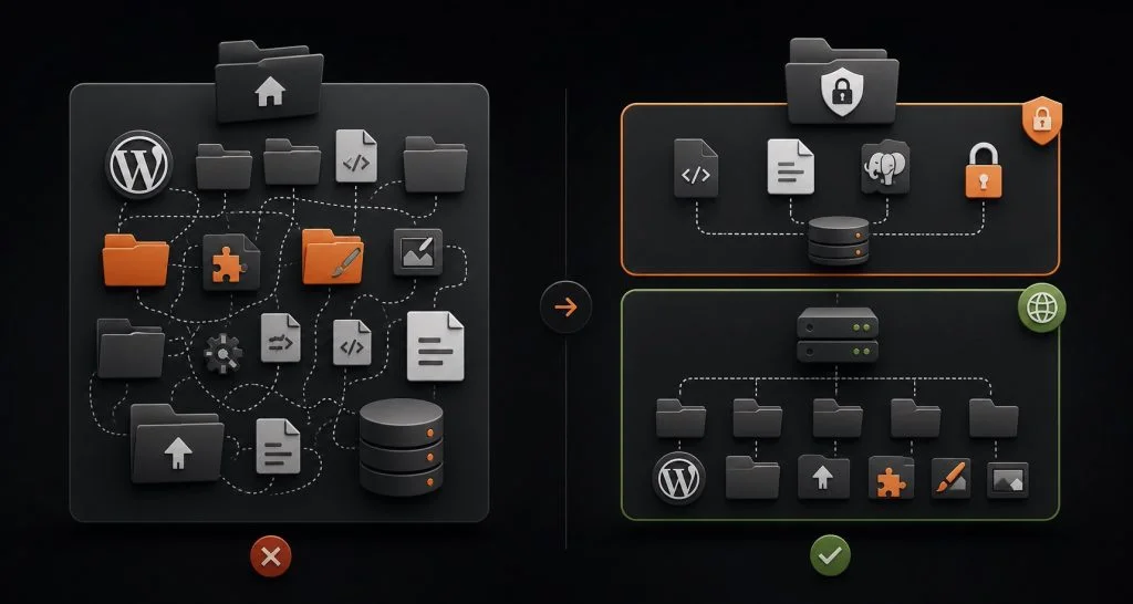 Traditional WordPress versus Bedrock architecture comparison
